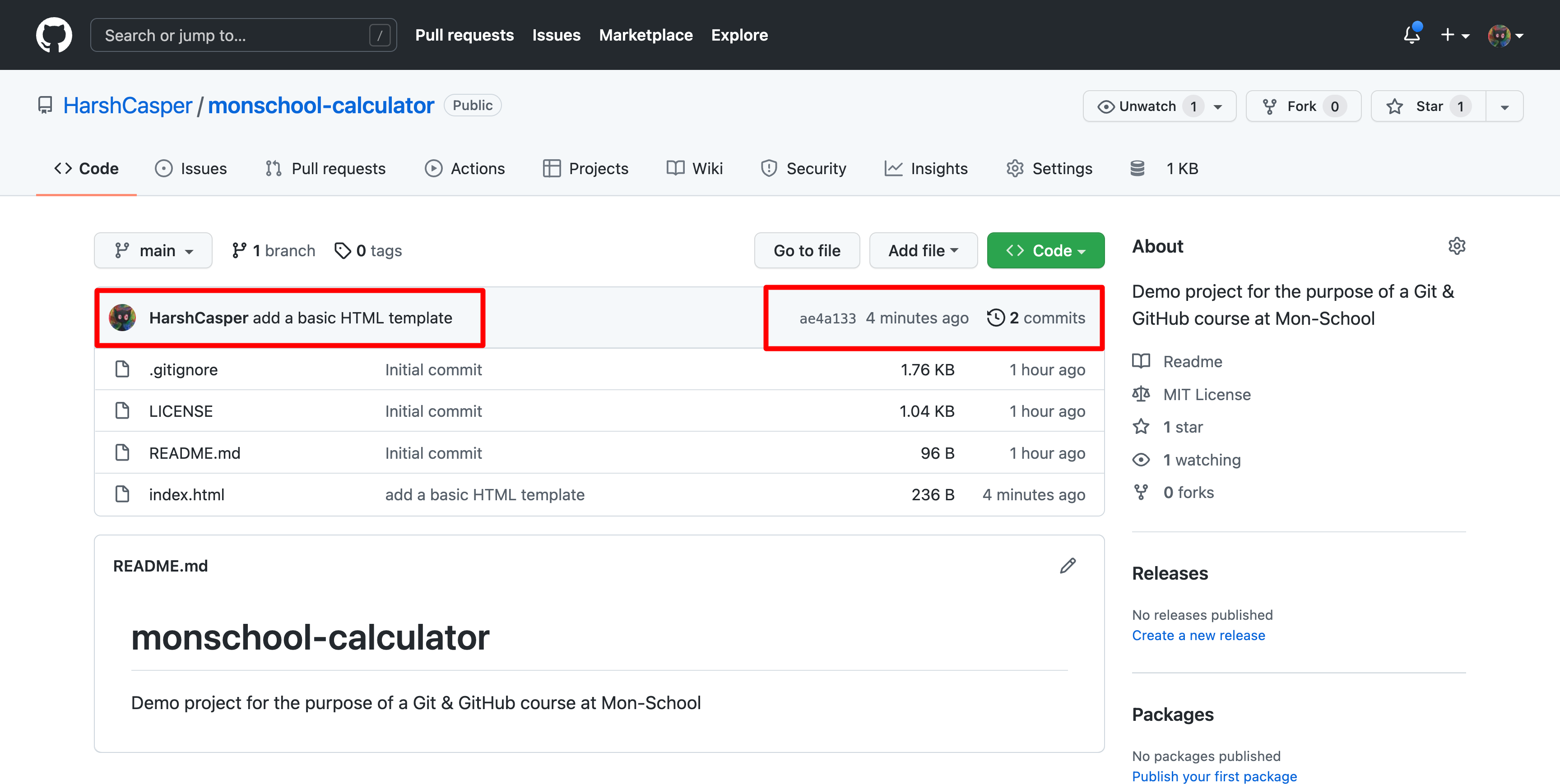 Snapshot of the push operation for the MonSchool Calculator repository